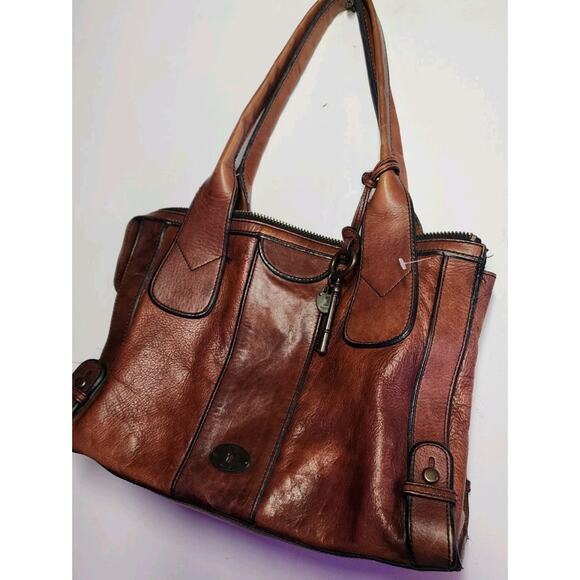 Vintage Fossil Reissue Large Satchel Handbag Camel Brown Leather With Key Charms - Picture 5 of 16